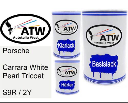 Porsche, Carrara White Pearl Tricoat, S9R / 2Y: 500ml Lackdose + 500ml Klarlack + 250ml Härter - Set, von ATW Autoteile West.